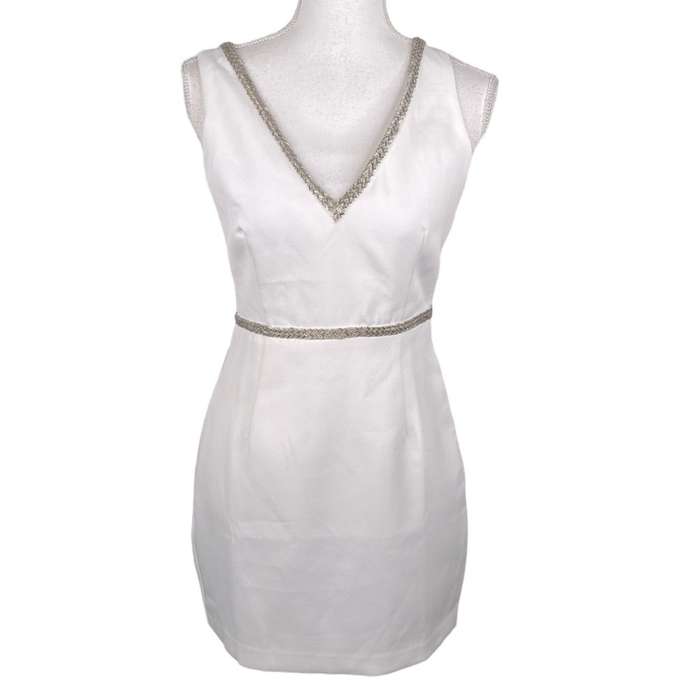 Ark & Co. White V-Neck Silver Beaded Special Occasion Midi Dress Size Small